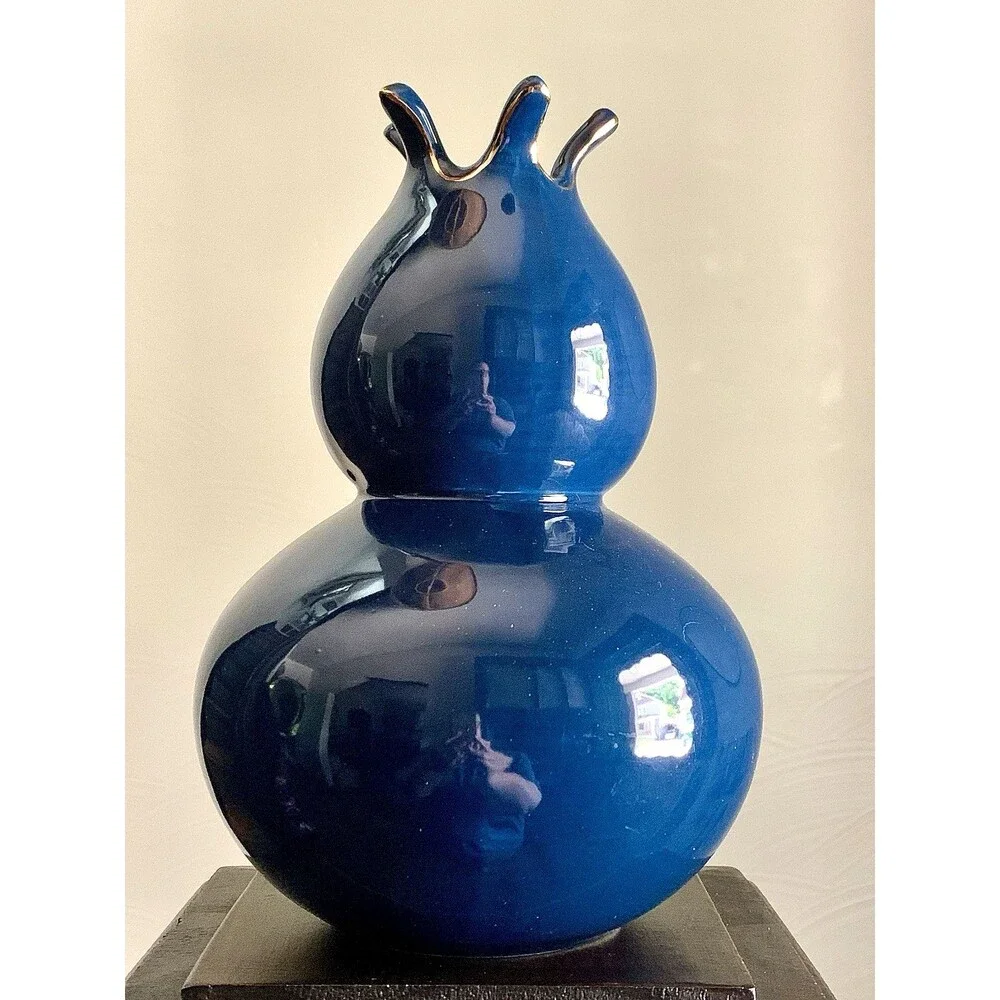 Cobalt Blue Gourd Vase Glossy Pomegranate Ceramic Dark Academia Mood Maximalist